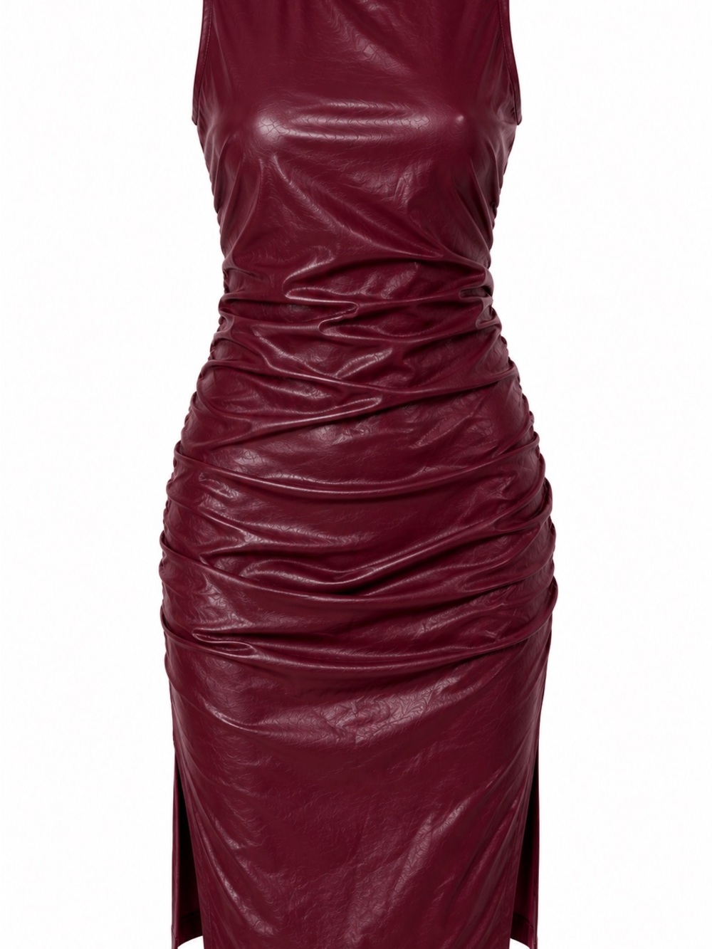 Source Unknown Burgundy Faux-Leather Ruched Midi Dress